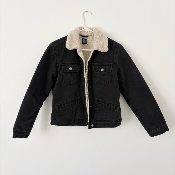 Gap Black Denim Jacket Cream Sherpa Lined Size Small - Picture 2 of 6